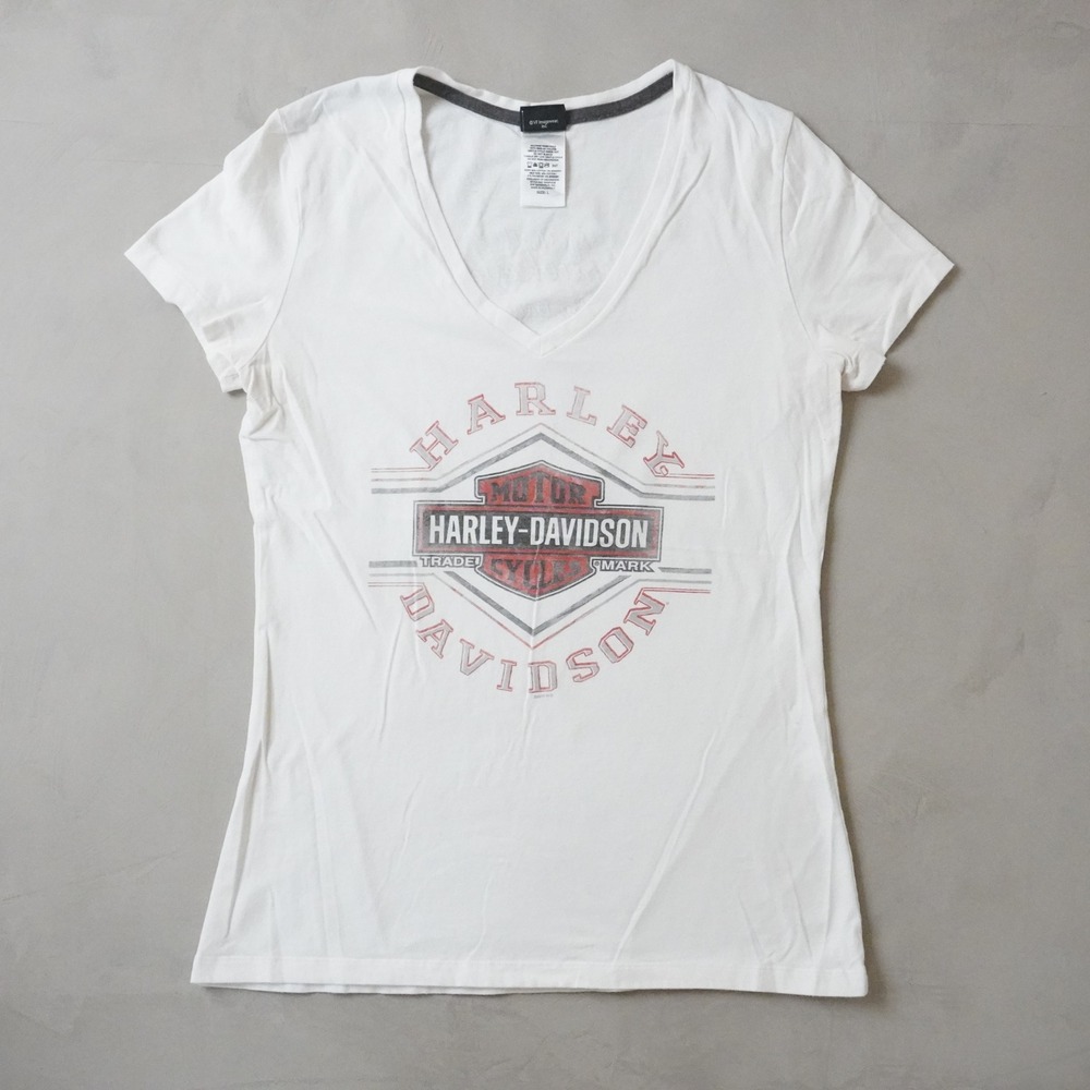 Harley-Davidson V-Neck T-Shirt Large Womens White Hawkeye Iowa Graphic Tee 9087